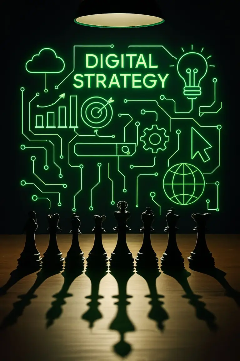 Digital strategy visual with data, workflow, target, systems, and growth symbols
